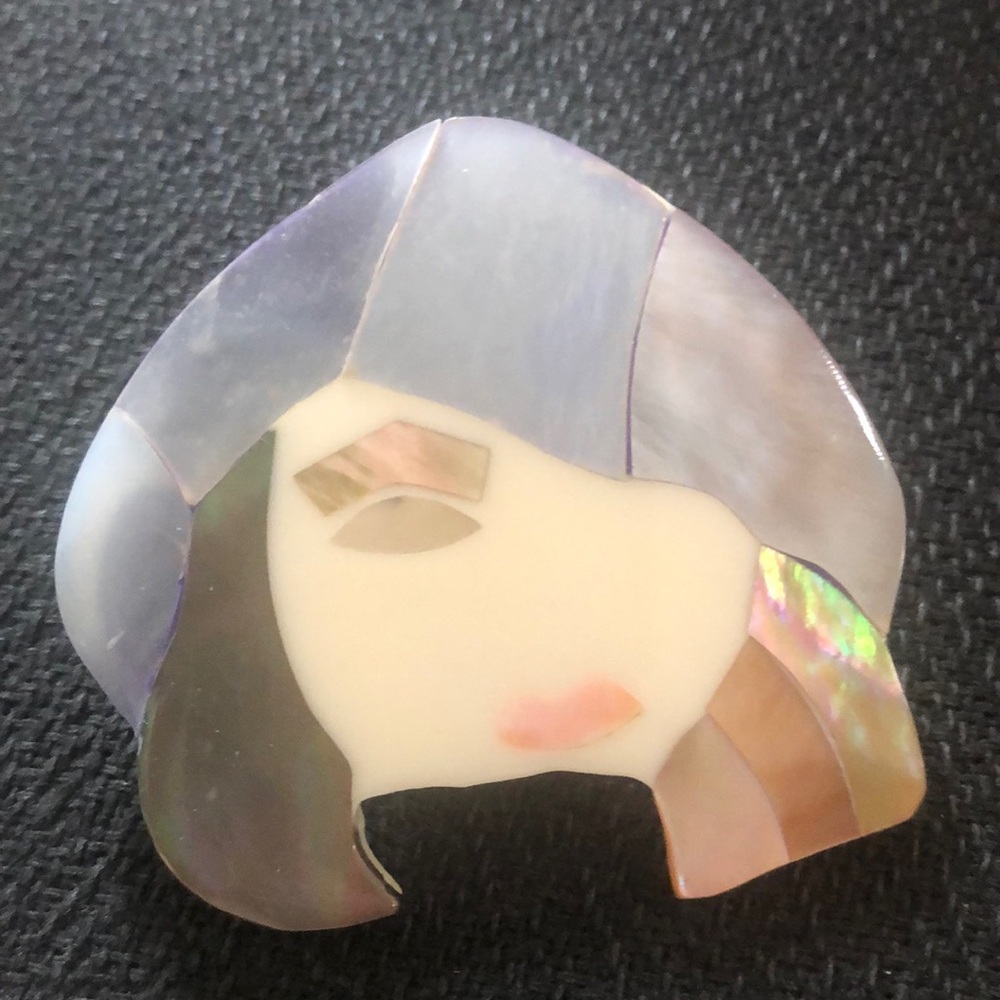 Mother of Pearl (?) Mosiac Brooch, Girl in Cloche Hat